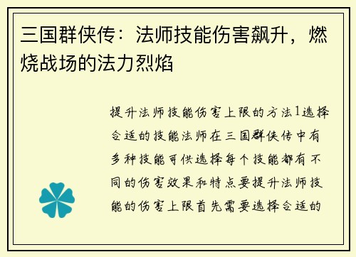 三国群侠传：法师技能伤害飙升，燃烧战场的法力烈焰